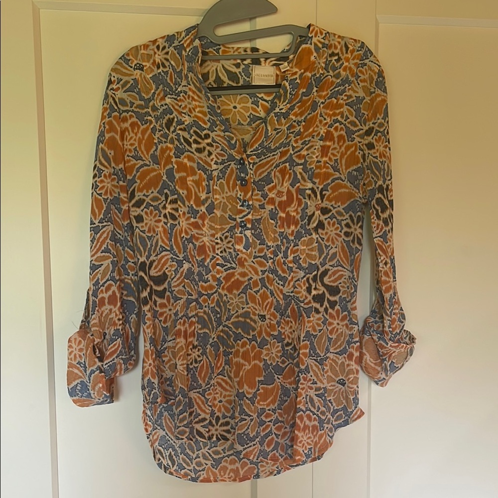 Zac & Rachel Orange and Blue Graphic Blouse with Mandarin Collar